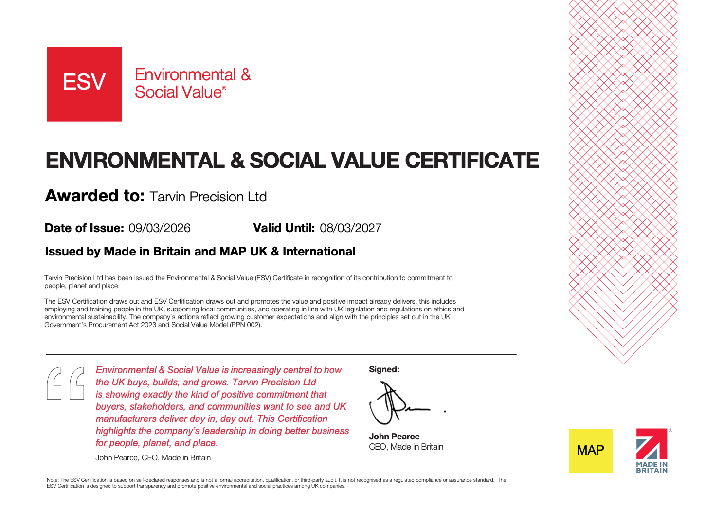 ESV Certificate - Tarvin Precision