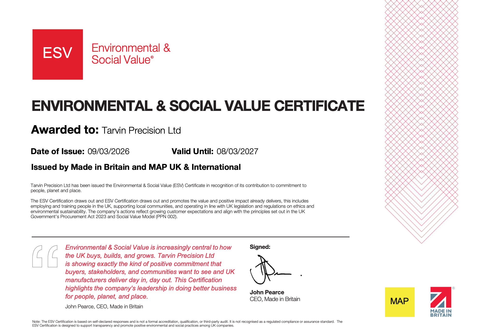 ESV Certificate - Tarvin Precision Ltd