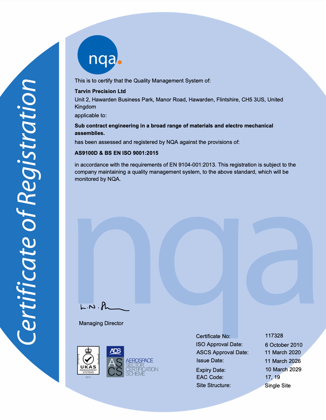 Tarvin Precision - 117328 NQA AS9100 Cert (Mar 26-Mar 29)
