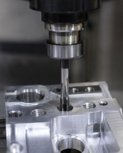 Close-up of a threading tool producing a tapped hole in a CNC machined metal component