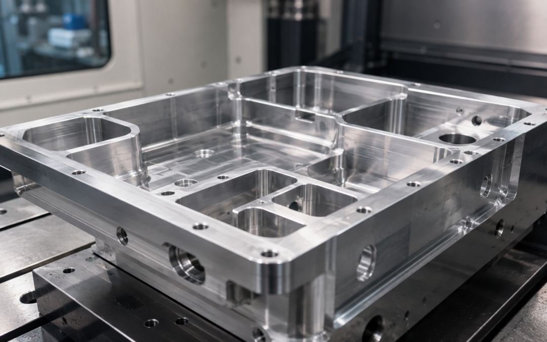CNC machined aluminium component showing internal corner radii and milled pockets