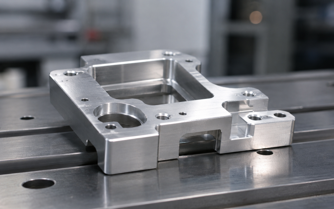 CNC machined aluminium component with cleanly deburred and finished edges