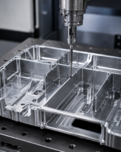 Precision inspection probe checking a thin-walled CNC machined aluminium component
